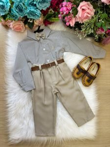 Conjunto Masculino Miss Cherry Social Listrado Com Calça Bege Caio