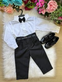 Conjunto Masculino Miss Cherry Social Branca Linho Com Calça Preta Henrique
