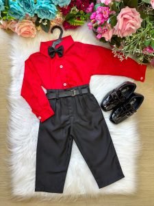 Conjunto Masculino Miss Cherry Social Vermelho Linho Com Calça Preto Henrique