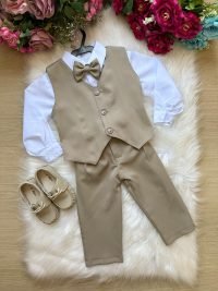 Conjunto Miss Cherry Social Leonardo Colete Bege - Marrom