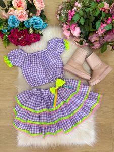 Conjunto Junino Banana Club Luxo Sofia Xadrez Lilas