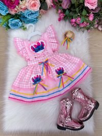Romper/Vestido Princesa Belli Junino Luxo Stitch Rosa