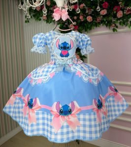 Vestido Junino Tematico Luxo Lilo Stitch Azul Bebe