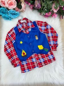 Camisa Junina Xadrez São João Colete Azul