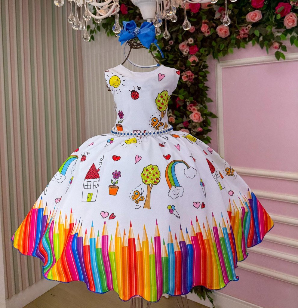 Vestido Marie Lapis Aquarela ABC Branco e Azul Royal