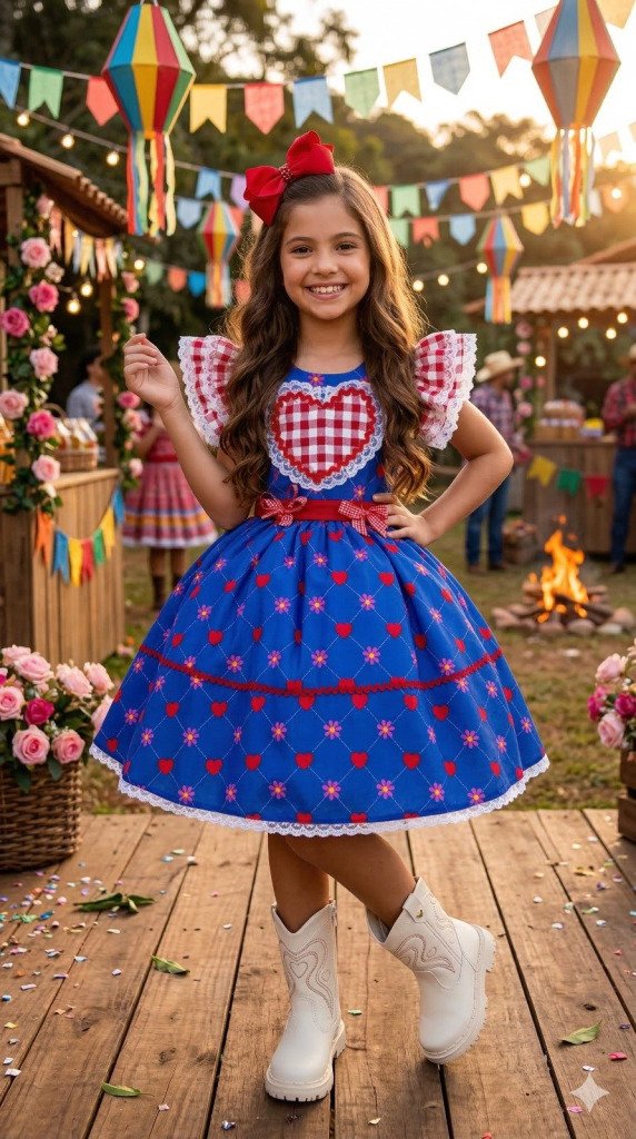Vestido Mini Miss Junino Sertão Amor Caipira Azul Royal