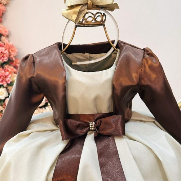 Vestido Infantil Cor Camurça C/ Bolero Cetim Broche de Laço