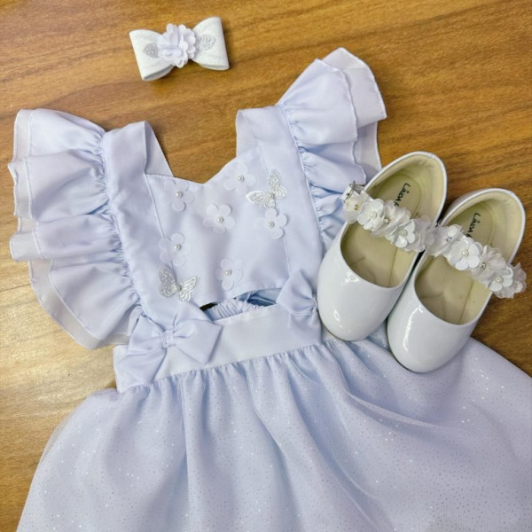 Romper Jardim Encantado Batizado Branco C/ Laço e Saia Glitter