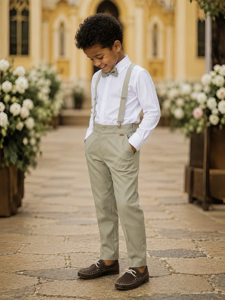 Conjunto Social Pajem Camisa Branca com Calça e Susp.Bege